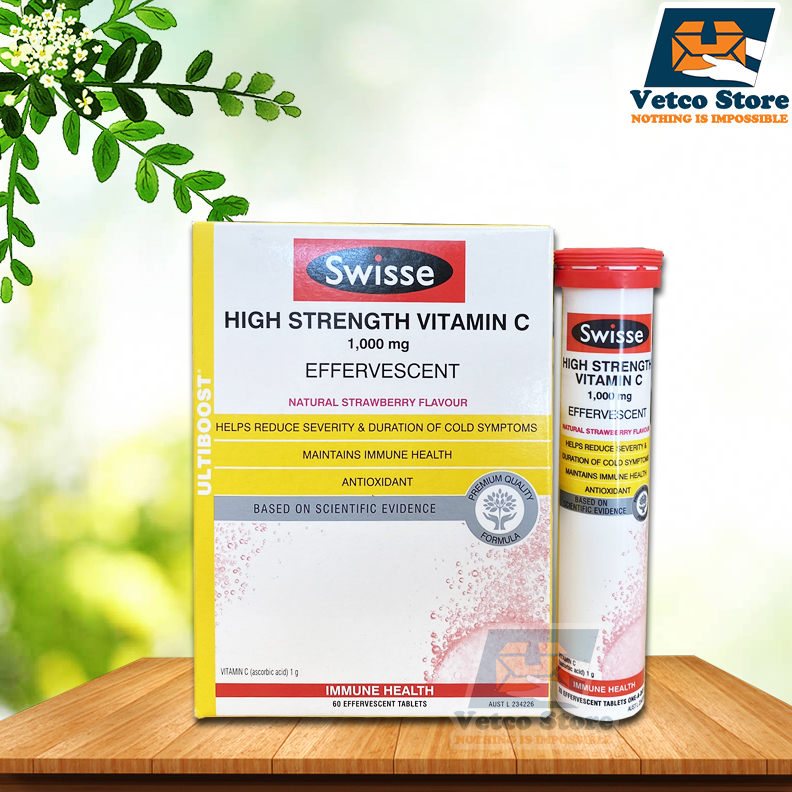 Viên sủi bổ sung vitamin C Swisse High Strength Vitmin C 1000mg tuýp 20 viên vị dâu