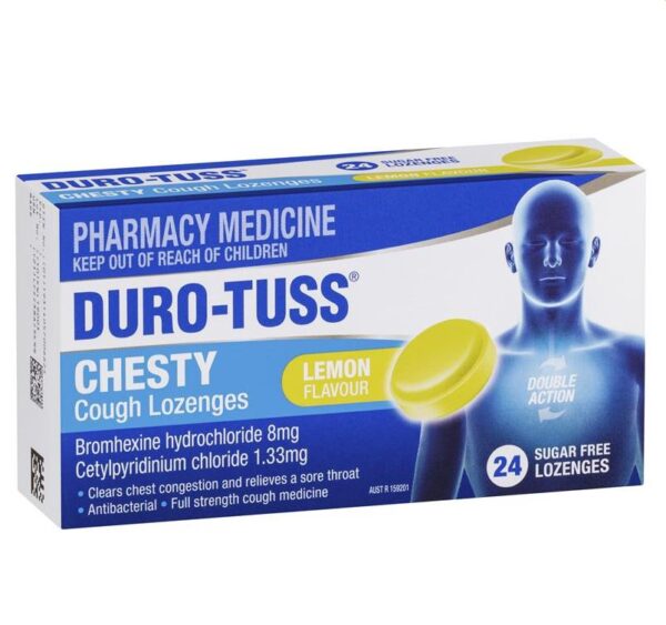 Kẹo ngậm trị ho đau họng DuroTuss Chesty Cough Lozenges vị chanh 24v