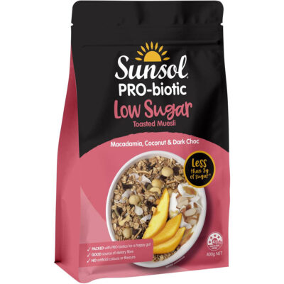 Sunsol Probiotic Low Sugar Macadamia Coconut Dark Choc 400g